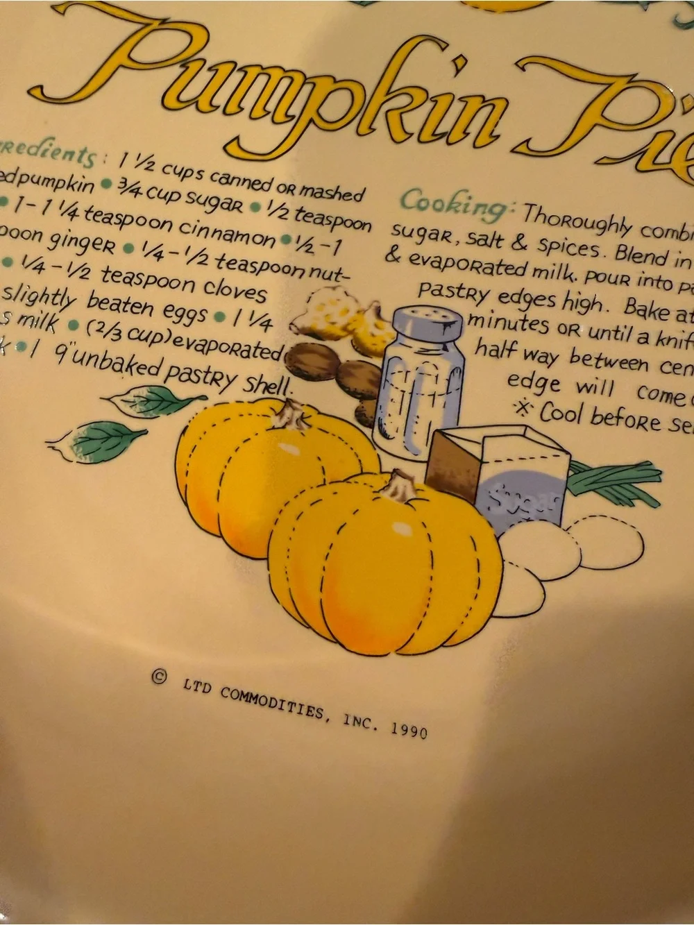 Pumpkin Pie Pie Plate Vintage 1990 pumpkin pie recipe baking dish